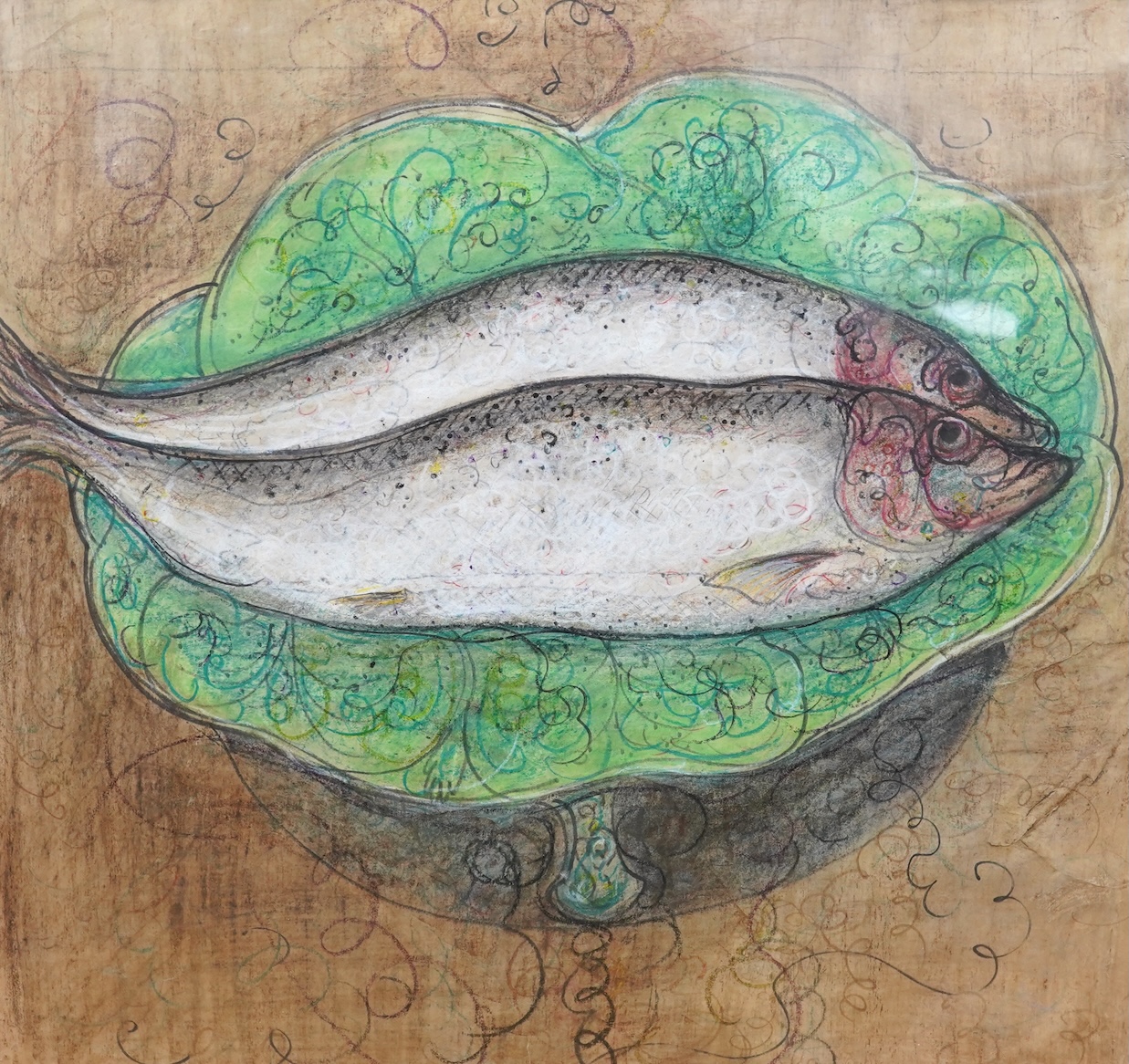 William de Belleroche (1912-1969), Still life of two dead fish, unsigned, watercolour and mixed media, 56 x 60cm